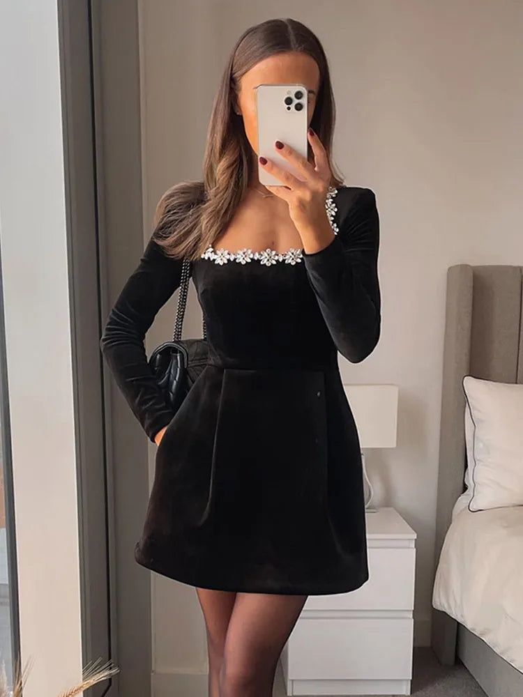 Rita - Black Rhinestone Velvet Mini Dress