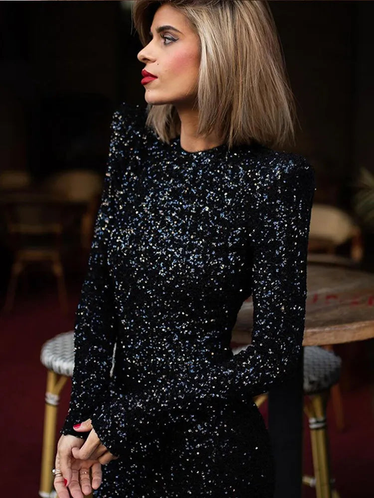 Mandy - Sequins Shoulder Pad Dress